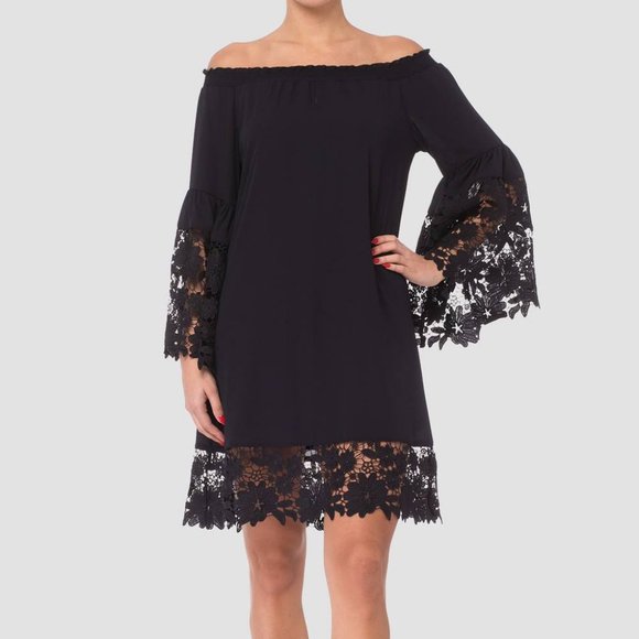 Joseph Ribkoff Guipure Bell Sleeve Women's X-Small Lace Trim A-Line Black Dress - Picture 1 of 15